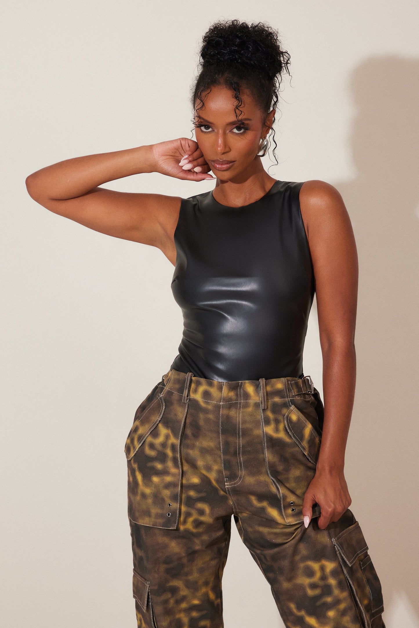 The Dominique Leather Bodysuit in Black