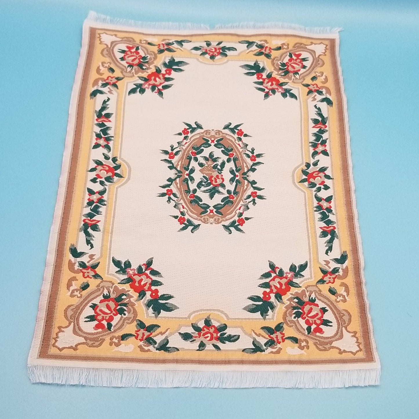Large Woven Carpet - White/Red/Green/Peach - 1/12 Scale Dollhouse Miniature