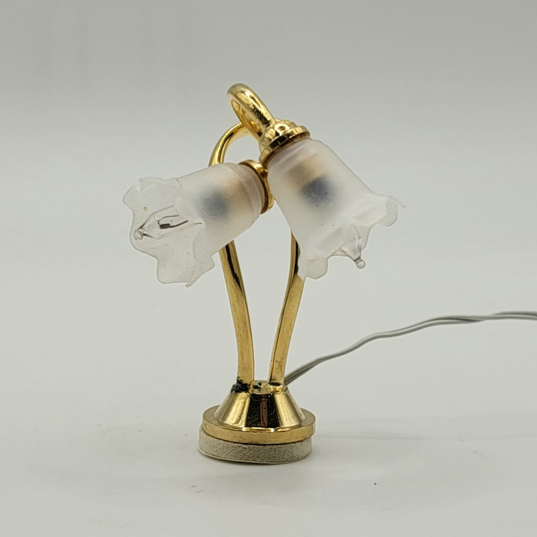 Dual Tulip Shade Desk Lamp - Brass - 12 Volt - 1/12 Scale Dollhouse Miniature