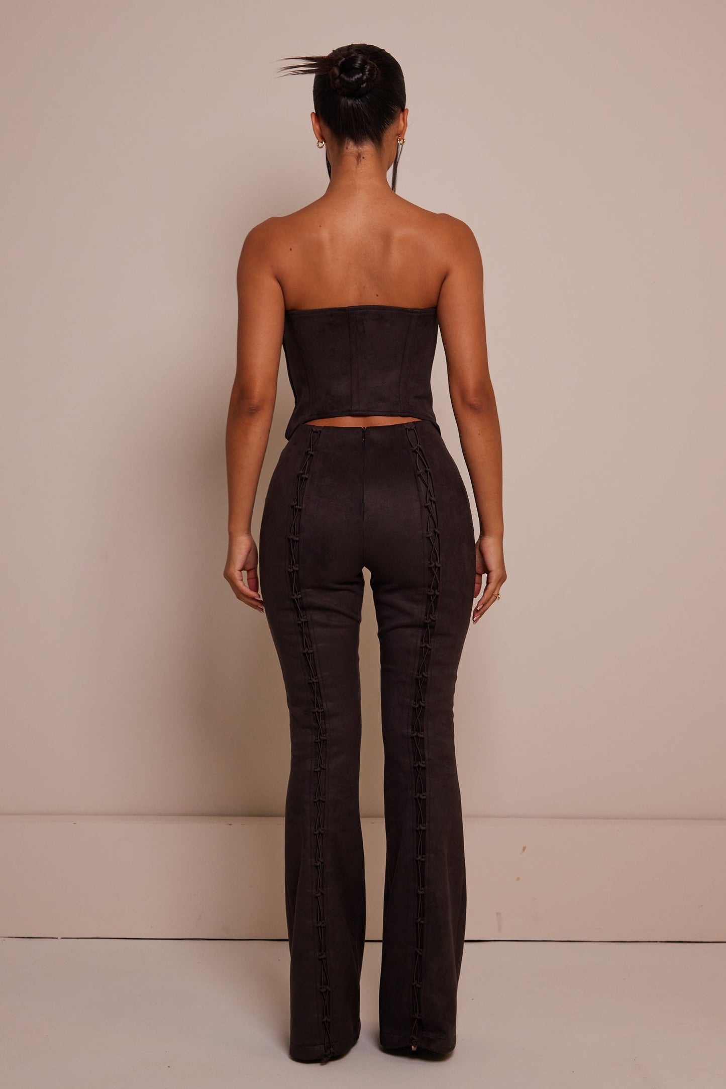The Lace Detail Panel Suede Corset in Brown