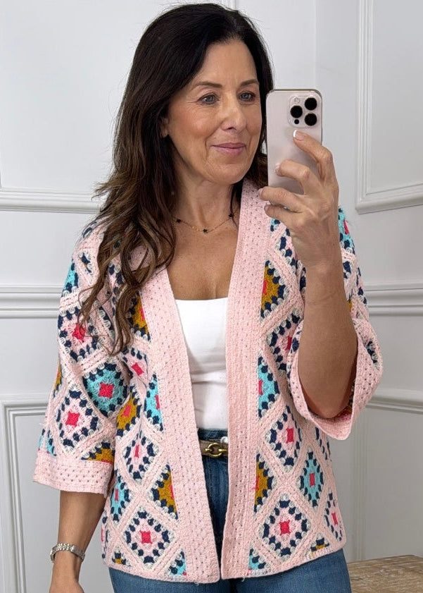 Kym Pink Crochet Knit Cardigan