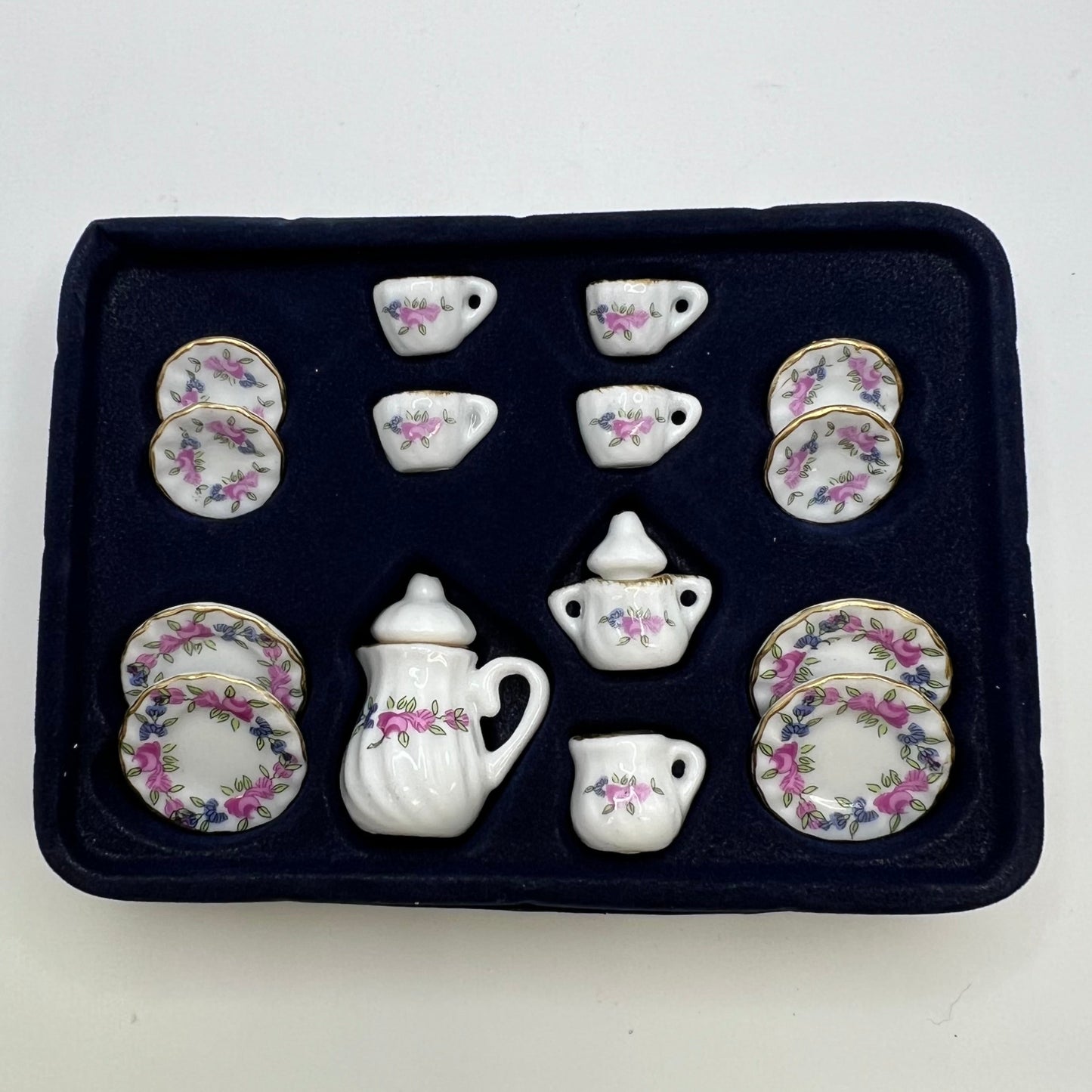 Ceramic Pink and Purple Flowers Tea Set - 17 Pieces - 1/12 Scale Dollhouse Miniature
