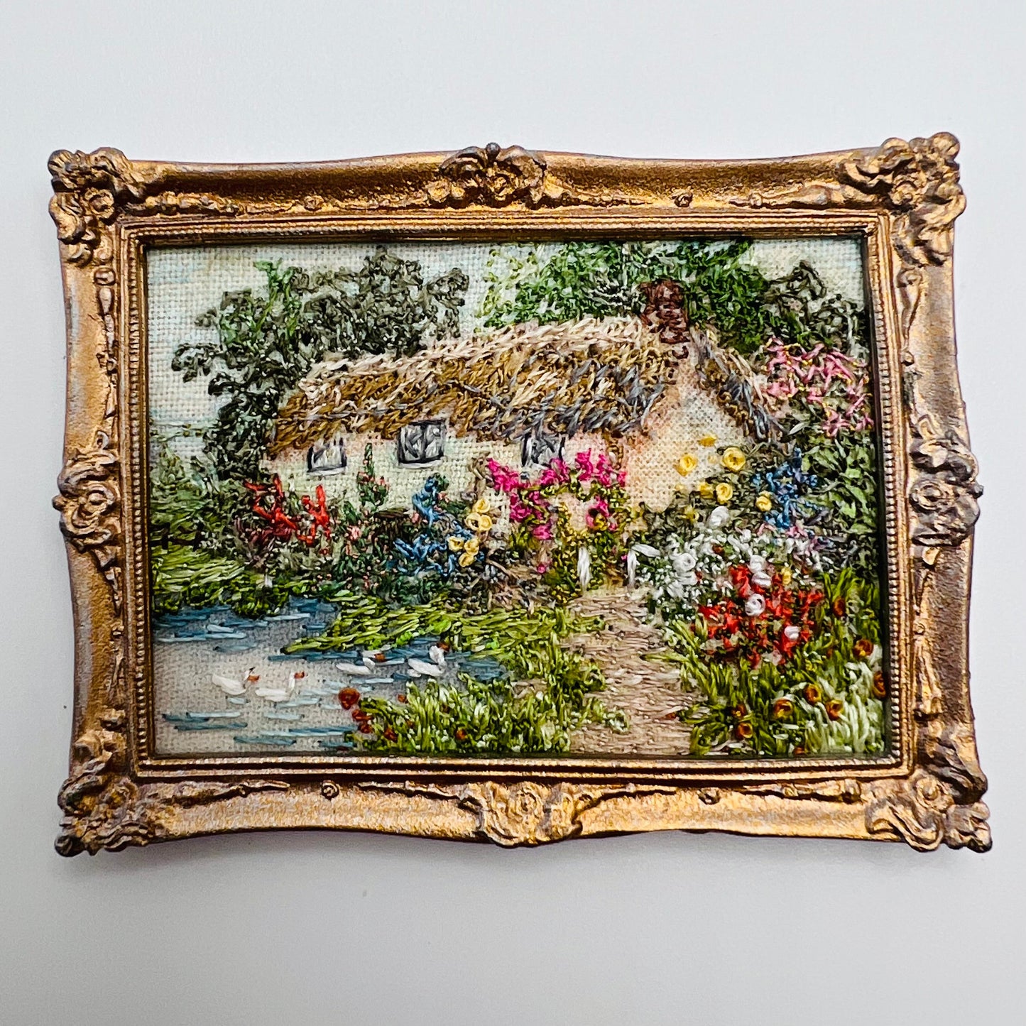 Embroidery Framed - Thatched Cottage with Ducks - 1/12 Scale Dollhouse Miniature