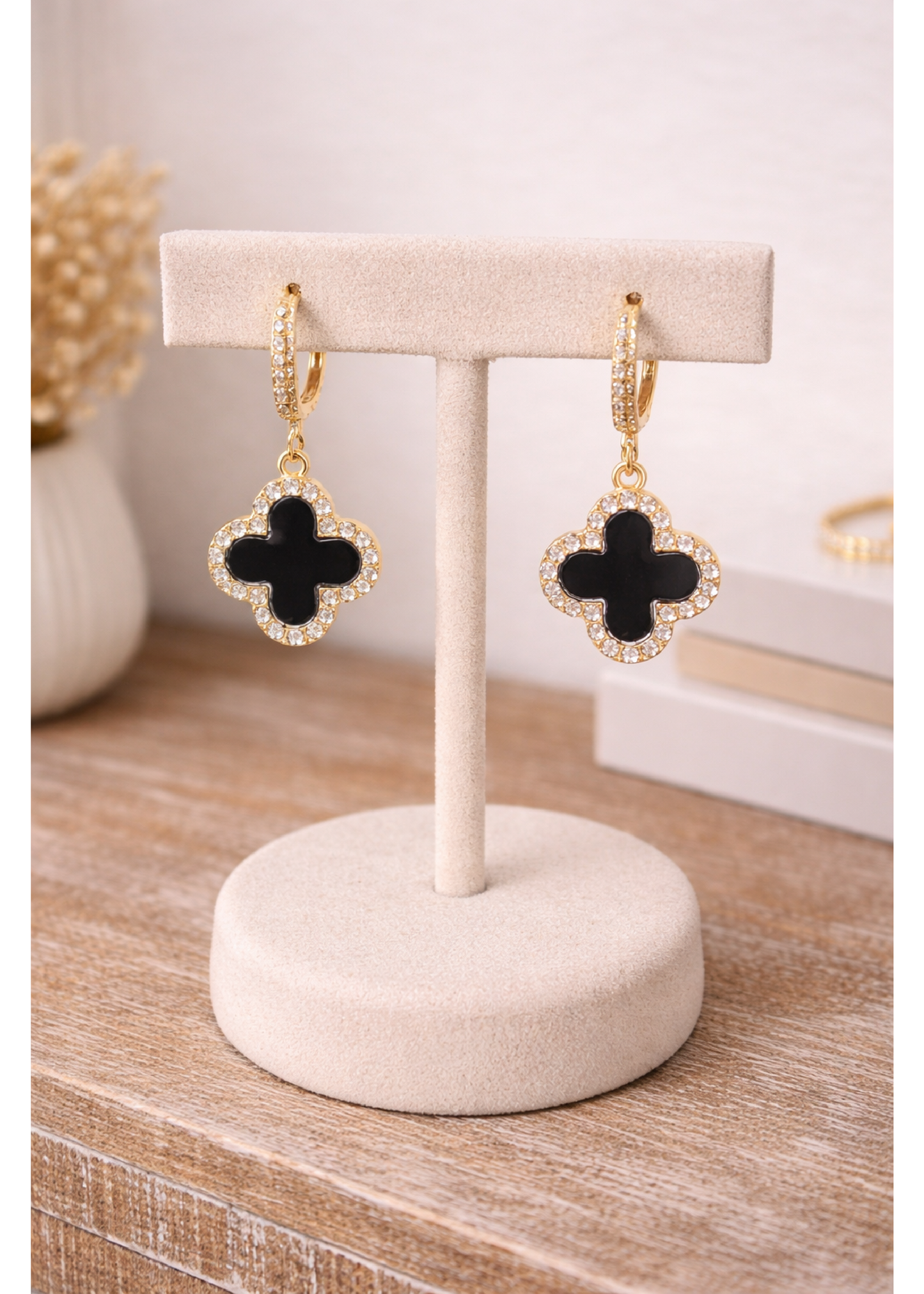 Agnese Black Flower Hoop Gold Earrings