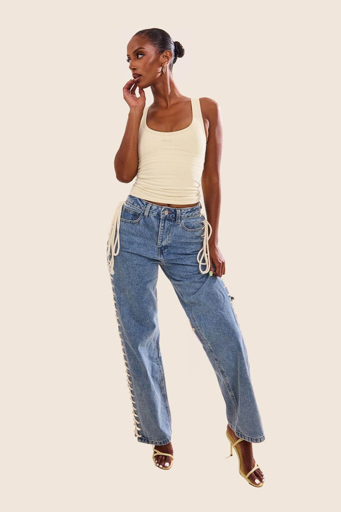 The Denim Lace Up Jeans in Dark Wash