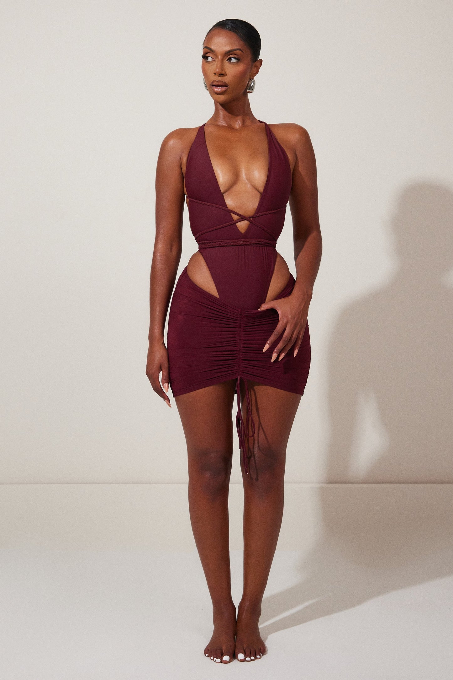 Mesh Ruched Coverup Skirt in Wine
