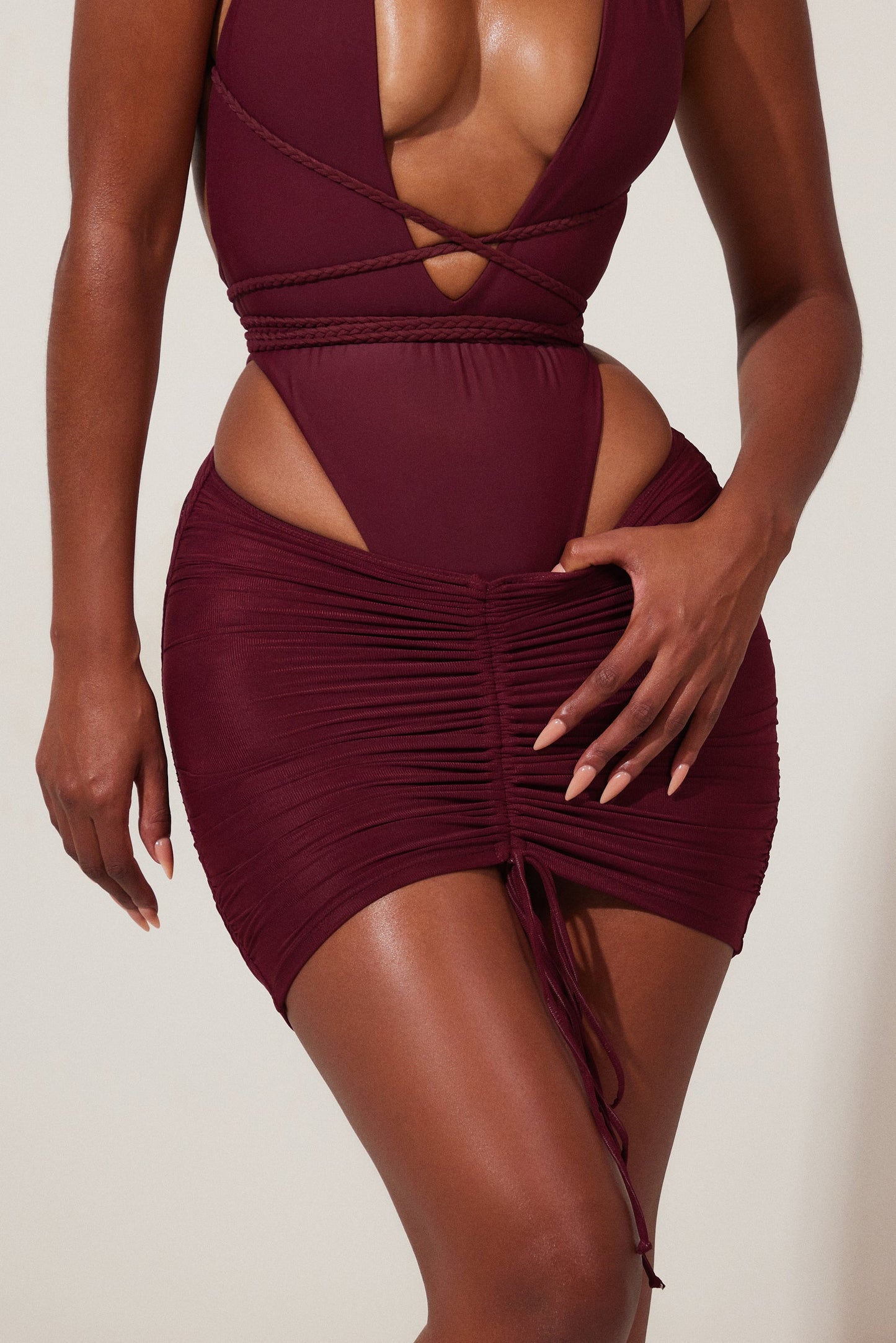 Mesh Ruched Coverup Skirt in Wine
