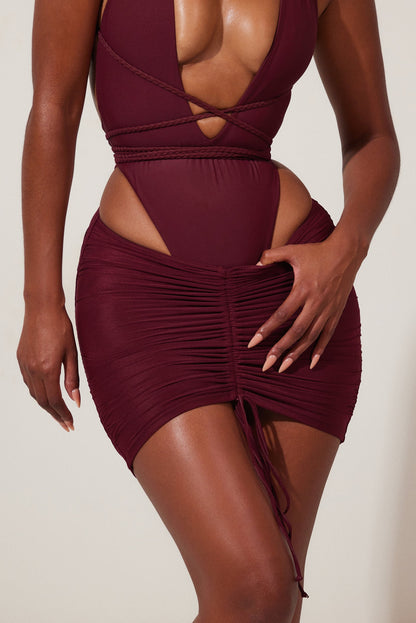 Mesh Ruched Coverup Skirt in Wine