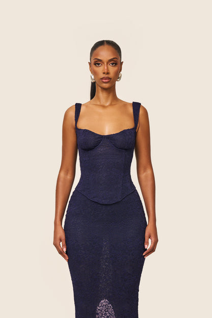 The Cinched Lace Corset in Navy