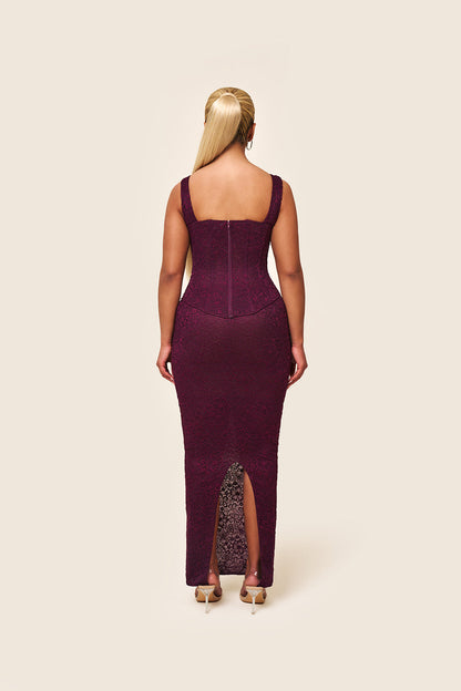 The Cinched Lace Maxi Skirt in Plum
