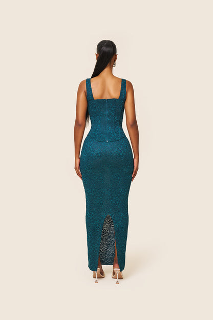 The Cinched Lace Maxi Skirt in Teal
