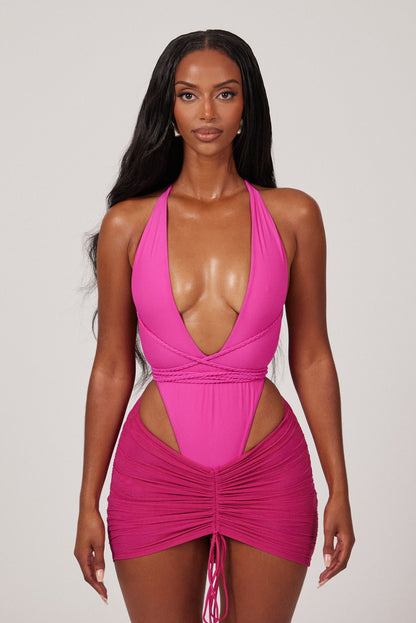 Mesh Ruched Coverup Skirt in Fuchsia