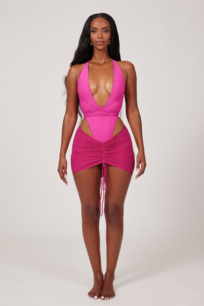 Mesh Ruched Coverup Skirt in Fuchsia