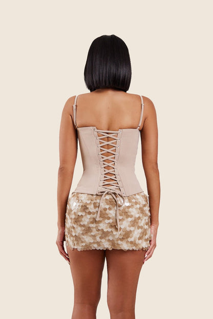 The Everly Lace Up Corset Top in Stone