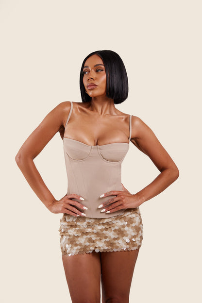 The Everly Lace Up Corset Top in Stone