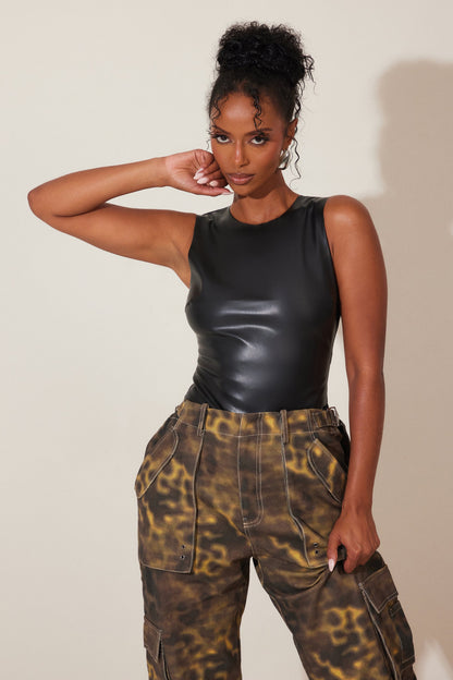 The Dominique Leather Bodysuit in Black