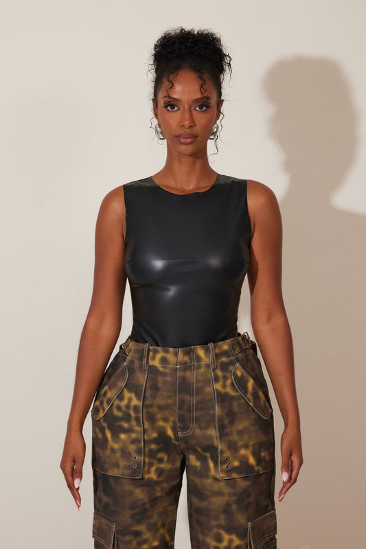 The Dominique Leather Bodysuit in Black