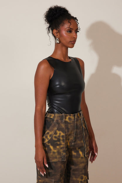 The Dominique Leather Bodysuit in Black