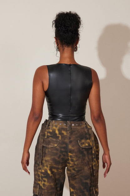 The Dominique Leather Bodysuit in Black