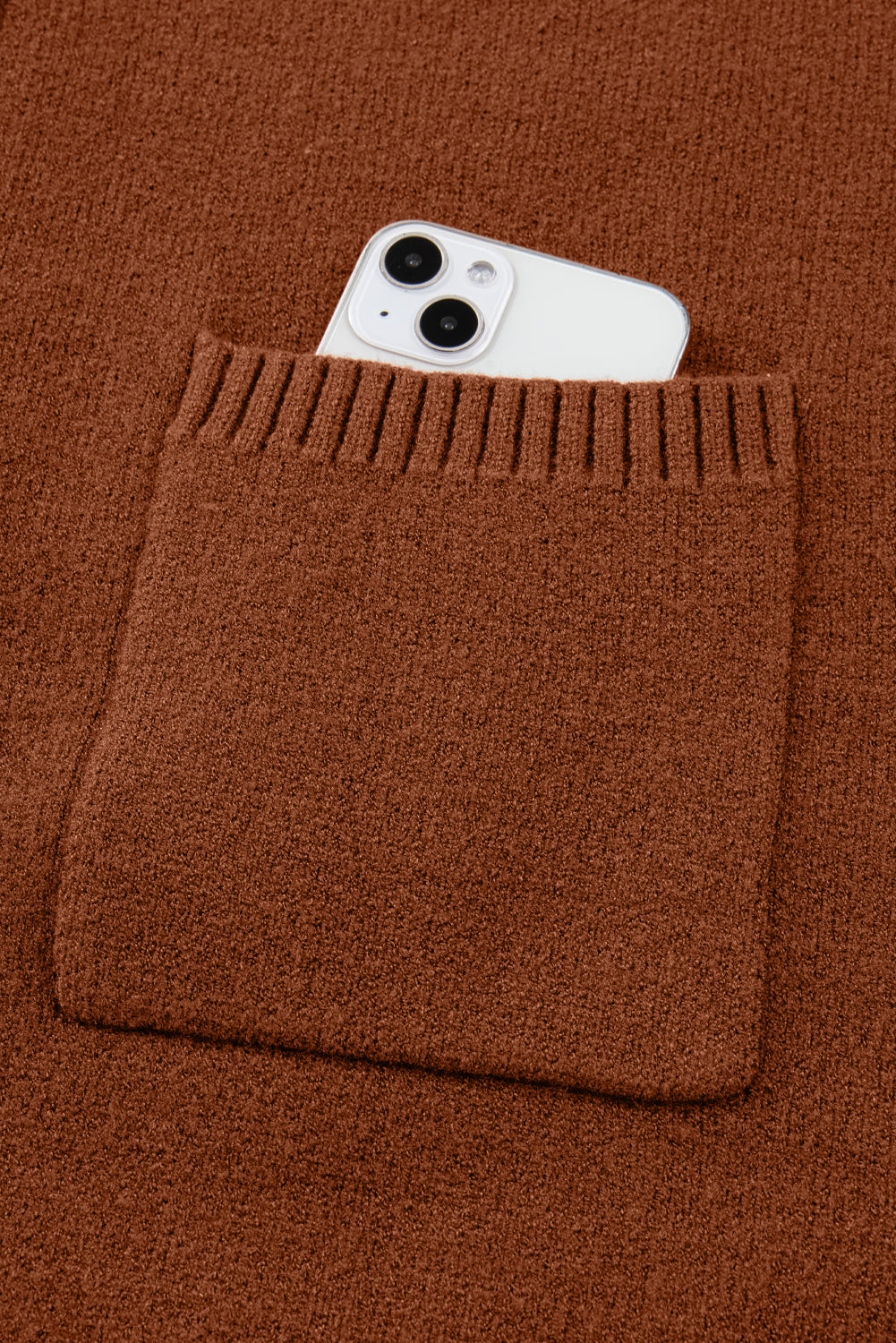 Chestnut Ribbed High Neck Front Pockets Center Seam Shift Sweater Dress
