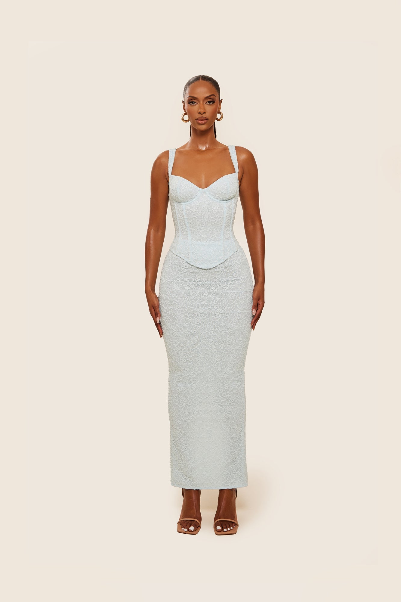 The Cinched Lace Corset Maxi Set in Blue