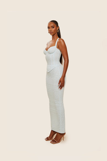 The Cinched Lace Corset Maxi Set in Blue