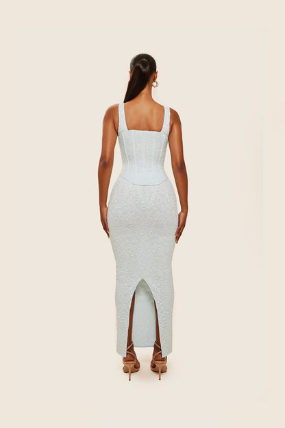 The Cinched Lace Corset Maxi Set in Blue
