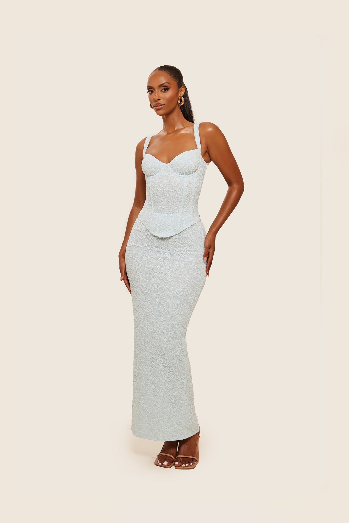 The Cinched Lace Corset Maxi Set in Blue