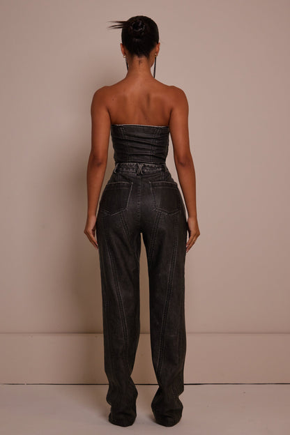 The Lace Up Front Leather Corset in Wash Black