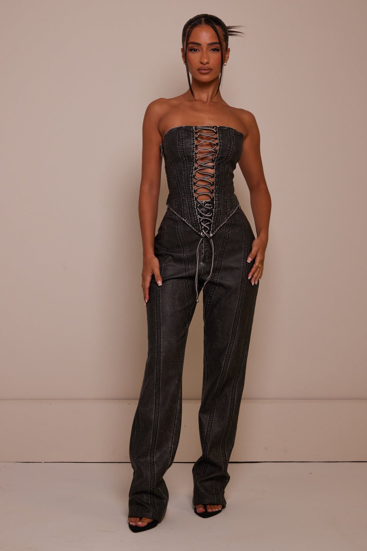 The Lace Up Front Leather Corset in Wash Black