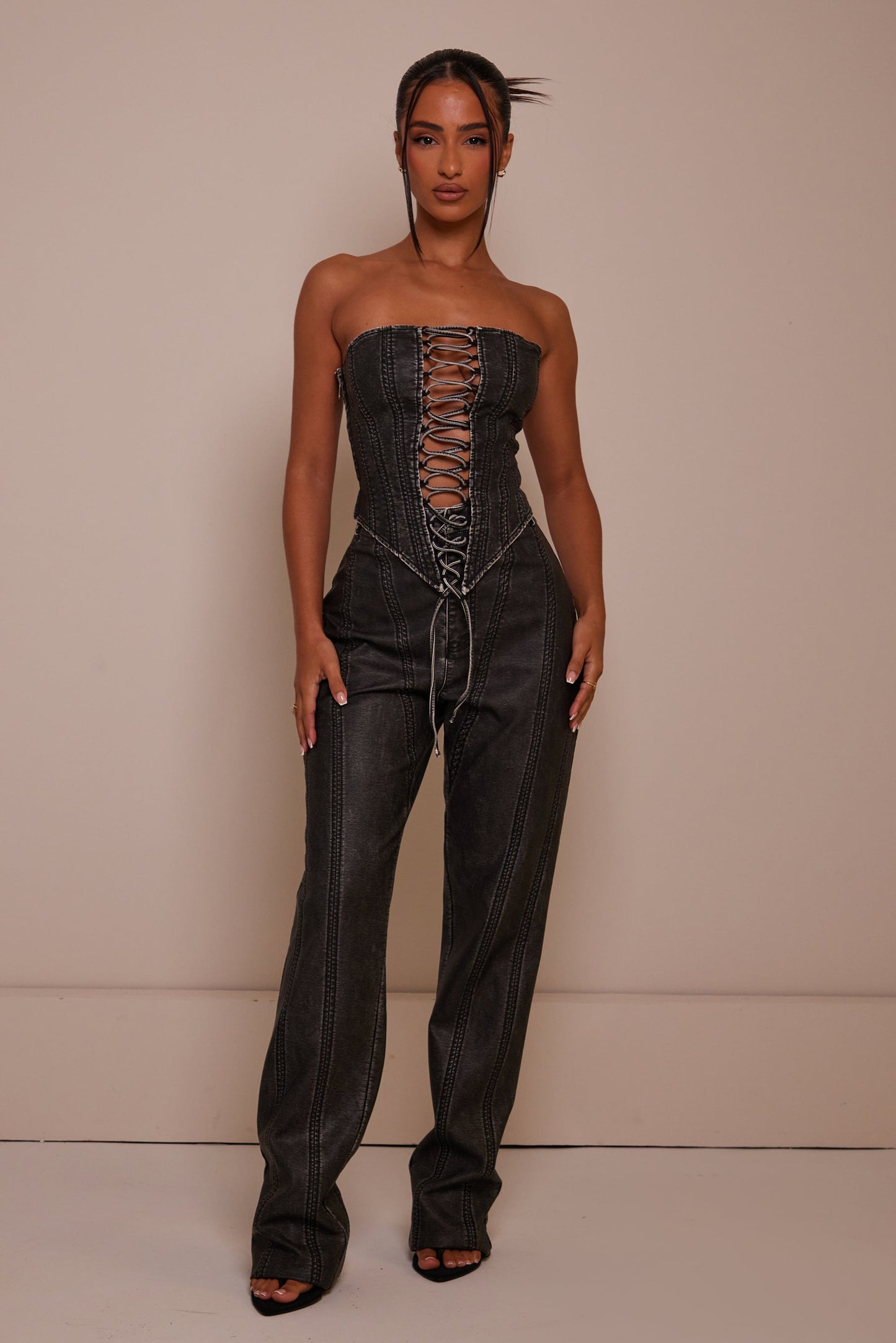The Lace Up Front Leather Corset in Wash Black