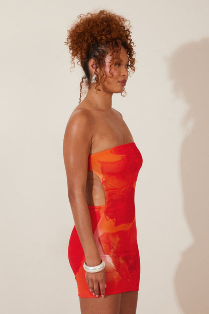 The Draped Mini Dress in Orange Print