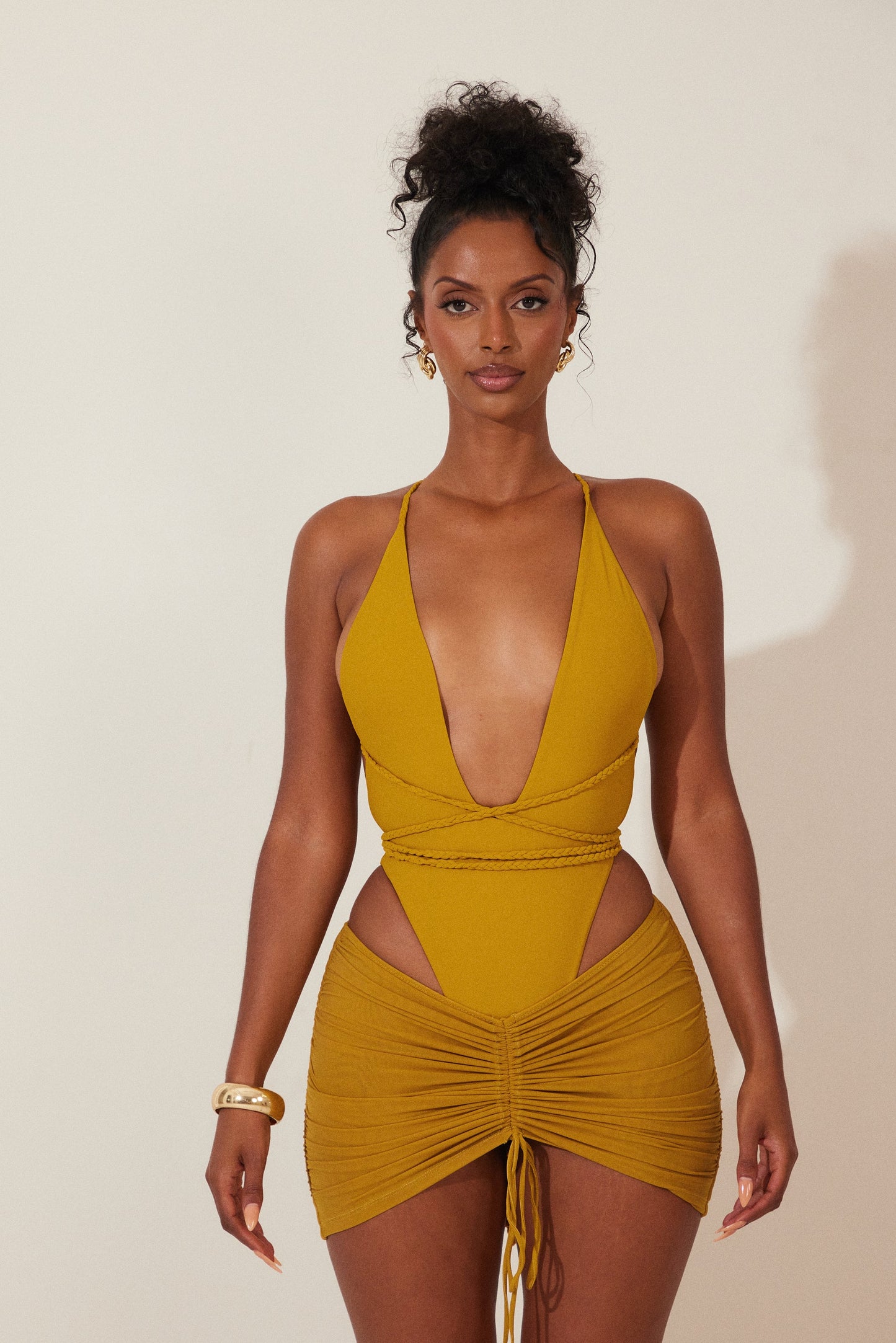 Mesh Ruched Coverup Skirt in Mustard