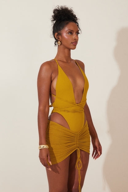 Mesh Ruched Coverup Skirt in Mustard