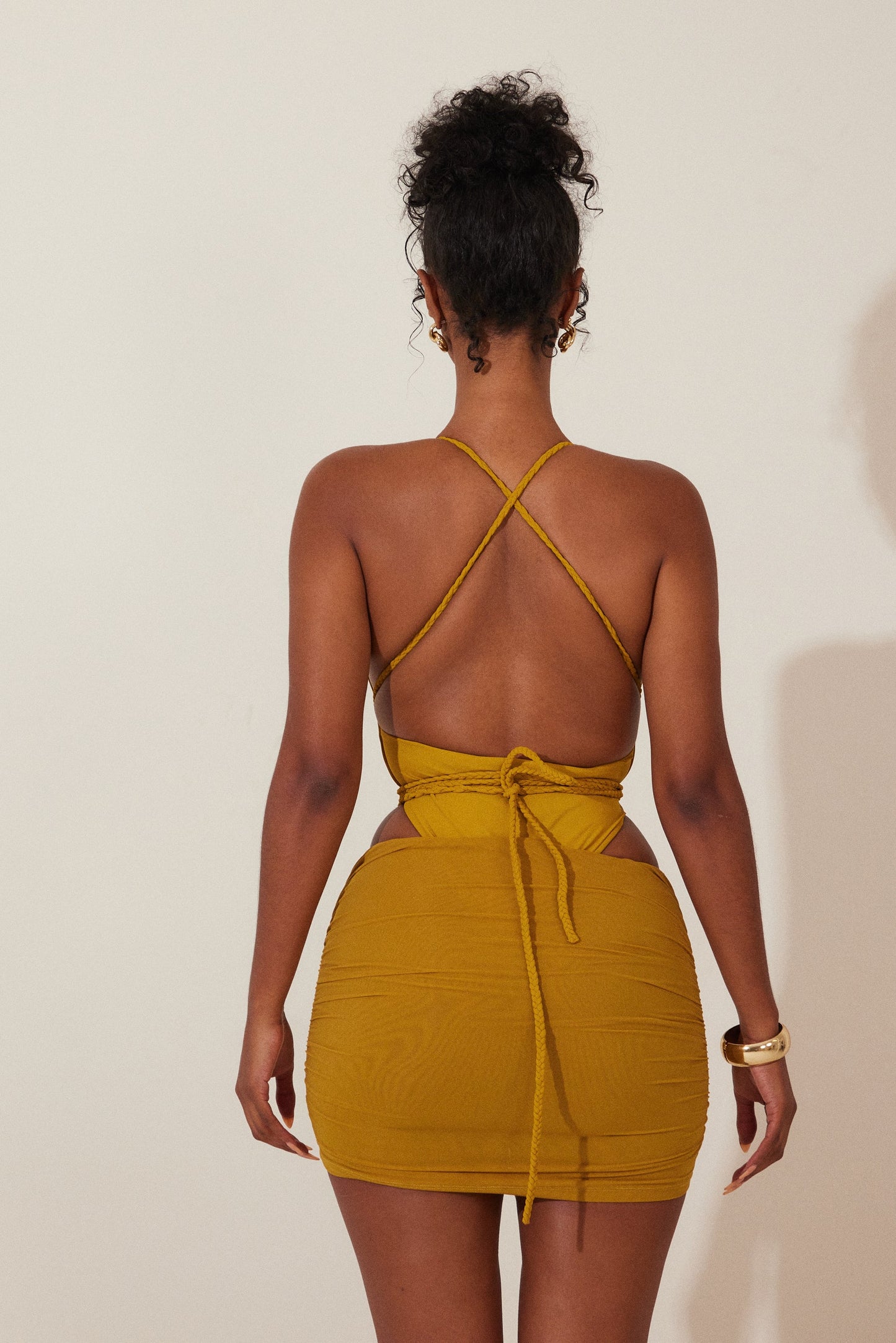 Mesh Ruched Coverup Skirt in Mustard
