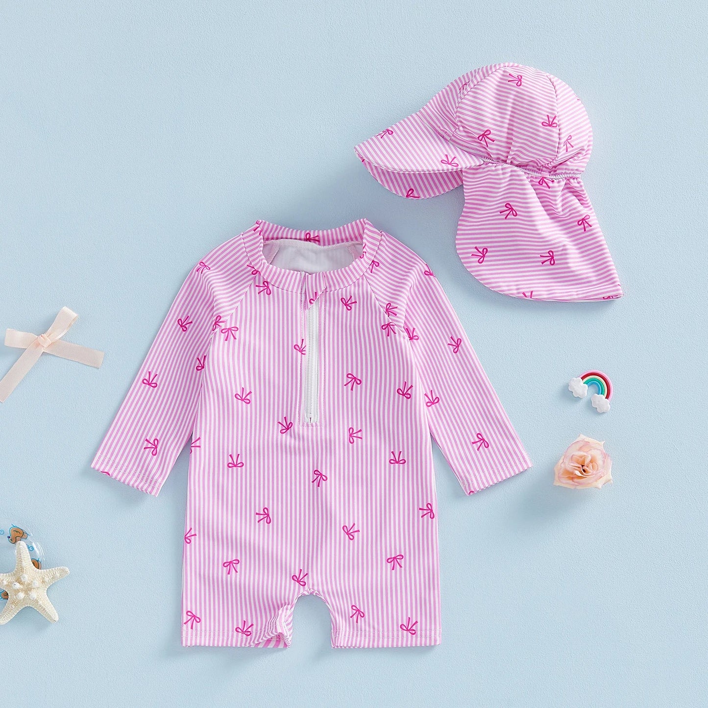 BOWTIES Striped Swimsuit with Sun Hat