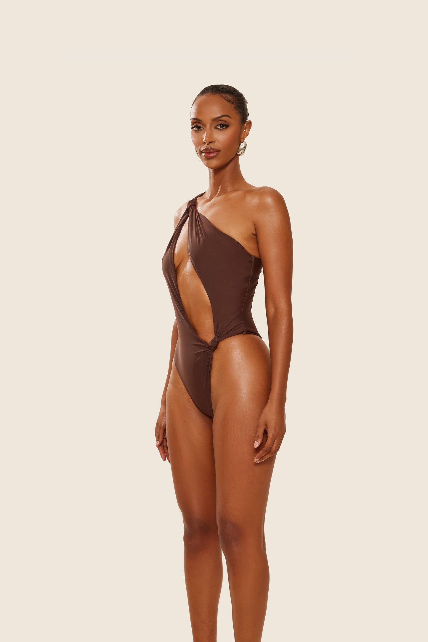 The Asymmetric Knot Detail Swimsuit in Brown