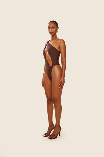 The Asymmetric Knot Detail Swimsuit in Brown