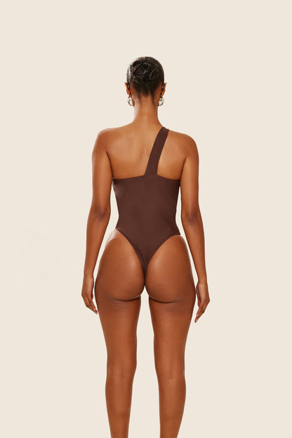 The Asymmetric Knot Detail Swimsuit in Brown