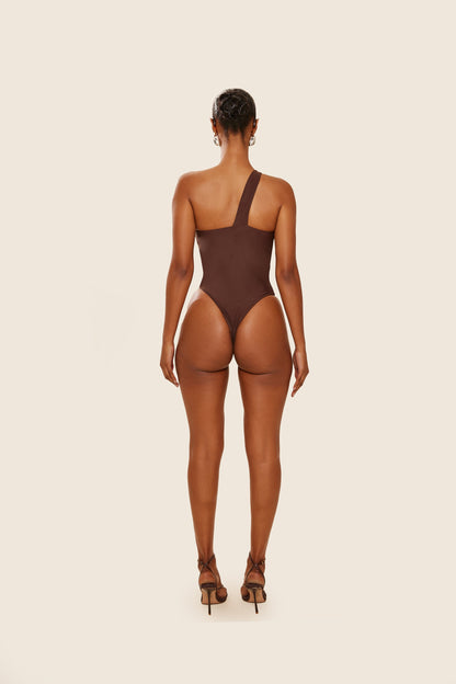 The Asymmetric Knot Detail Swimsuit in Brown