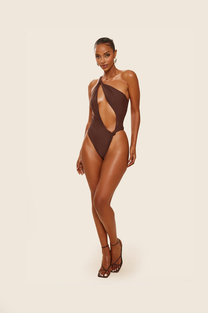 The Asymmetric Knot Detail Swimsuit in Brown