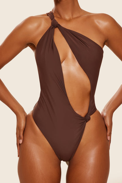 The Asymmetric Knot Detail Swimsuit in Brown