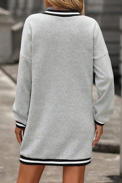 Light Grey Striped Trim V Neck Long Sleeve Preppy T Shirt Dress