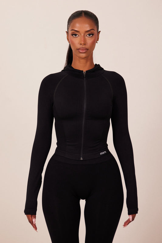 The Mars Seamless Hooded Zip Jacket in Black