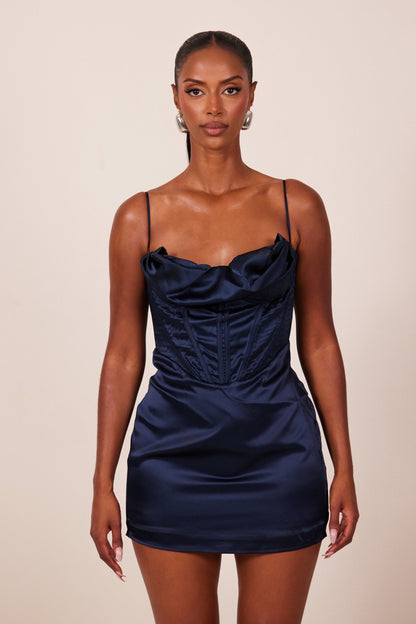 The Satin Corset Mini in Navy