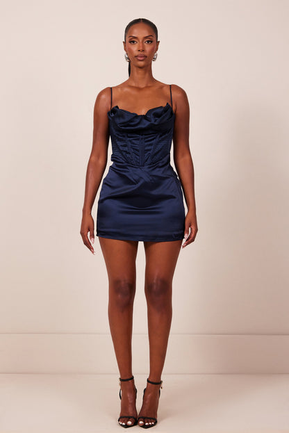 The Satin Corset Mini in Navy