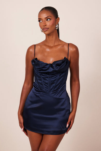 The Satin Corset Mini in Navy