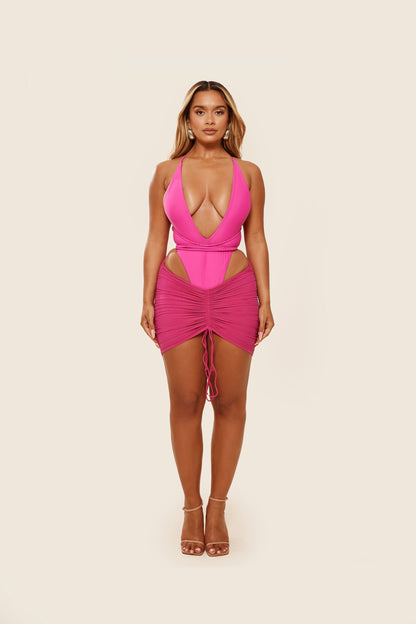 Mesh Ruched Coverup Skirt in Fuchsia