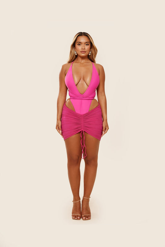 Mesh Ruched Coverup Skirt in Fuchsia