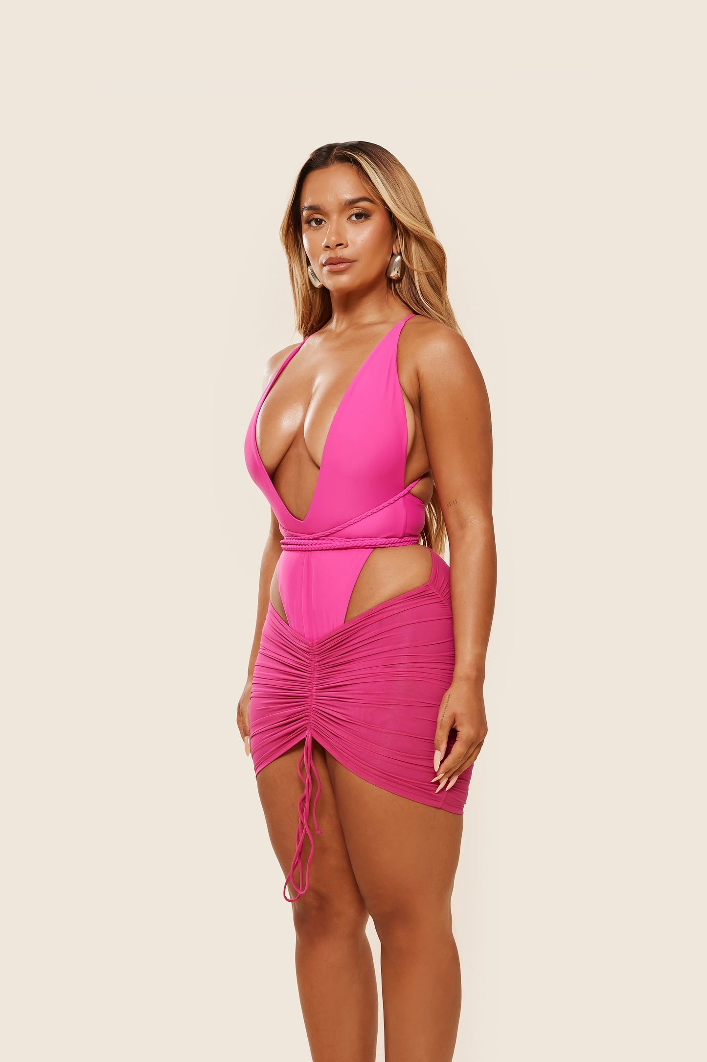Mesh Ruched Coverup Skirt in Fuchsia